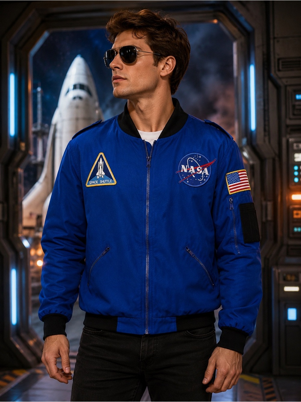 Aeromax NASA Space Shuttle Blue Bomber Jacket Costume Artemis II Mission Men's S